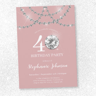 Elegant Diamonds Blush Pink 40th Birthday Party Invitation