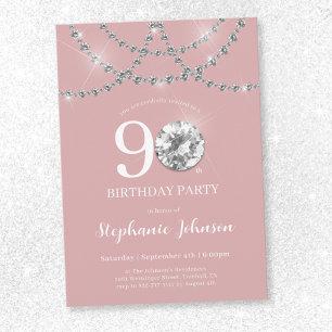 Elegant Diamonds Blush Pink 90th Birthday Party Invitation