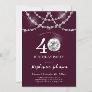 Elegant Diamonds Burgundy 40th Birthday Party Invitation
