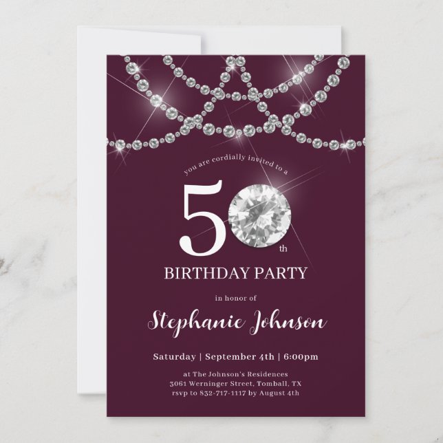 Elegant Diamonds Burgundy 50th Birthday Party Invitation (Front)