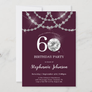 Elegant Diamonds Burgundy 60th Birthday Party Invitation