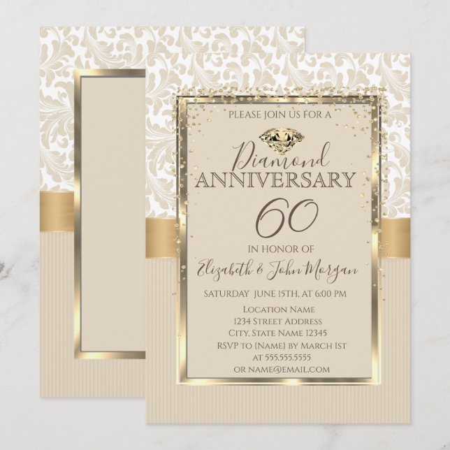 Elegant Diamonds Damask Frame Wedding Anniversary  Invitation (Front/Back)