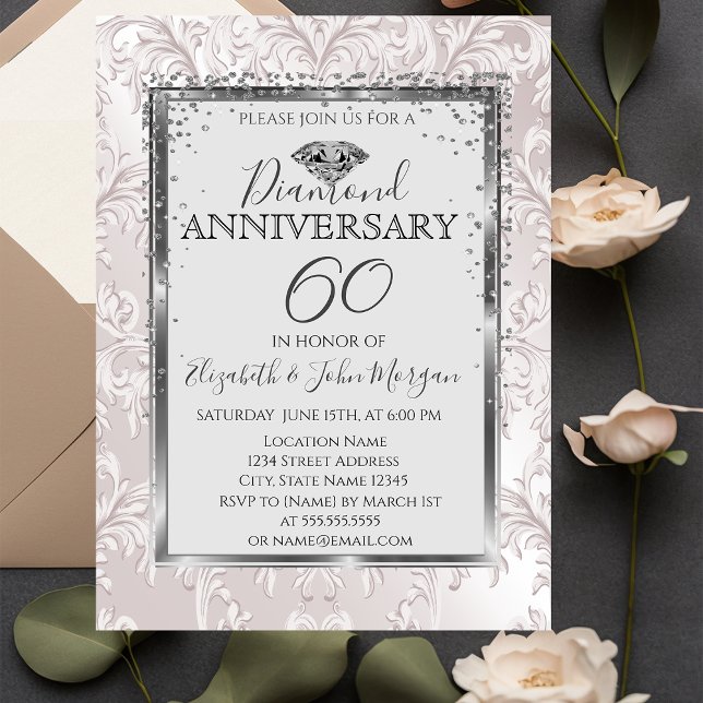 Elegant Diamonds Damask  Wedding Anniversary Invitation (Creator Uploaded)
