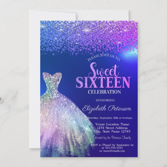 Elegant Diamonds, Dress Blue Sweet 16 Invitation (Front)