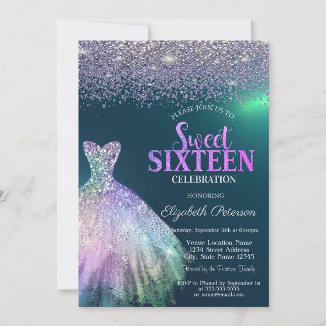 Elegant Diamonds, Dress Green Sweet 16 Invitation (Front)