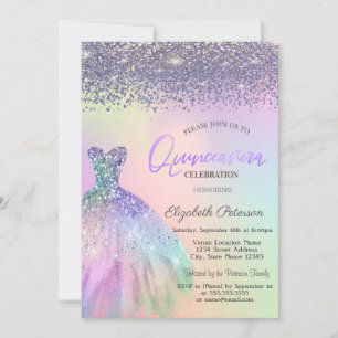 Elegant Diamonds, Dress Holographic Quinceanera Invitation