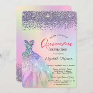 Elegant Diamonds, Dress Holographic Quinceañera Invitation