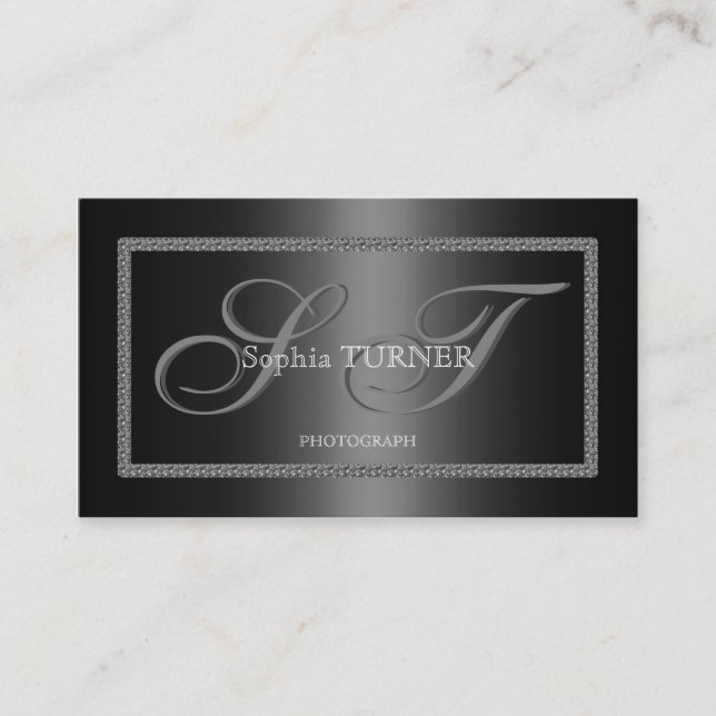 Elegant Diamonds Frame Black Custom Monogram Business Card (Front)