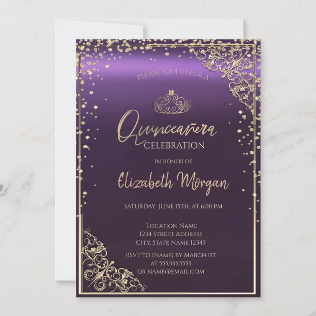 Elegant Diamonds Frame Purple Quinceañera  Invitation (Front)