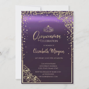 Elegant Diamonds Frame Purple Quinceañera  Invitation