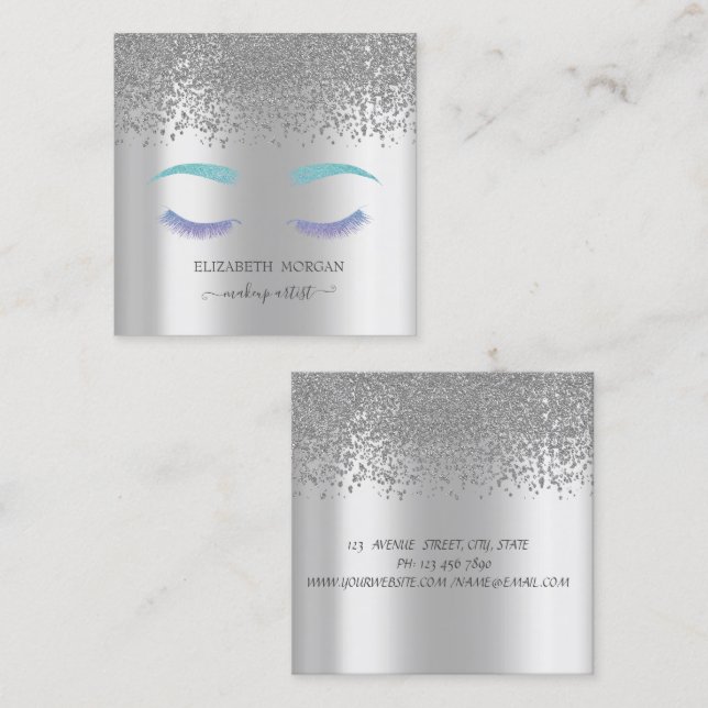 Elegant  Diamonds Glitter Faux Lashes Silver Square Business Card (Front/Back)