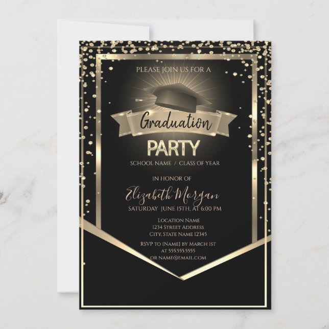 Elegant Diamonds Grad Cap Black Graduation Invitation (Front)
