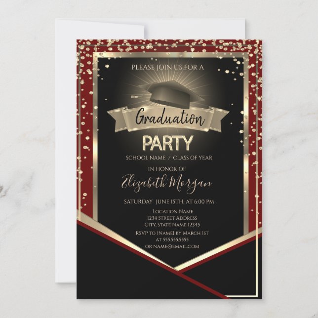 Elegant Diamonds Grad Cap Red Graduation Invitation (Front)