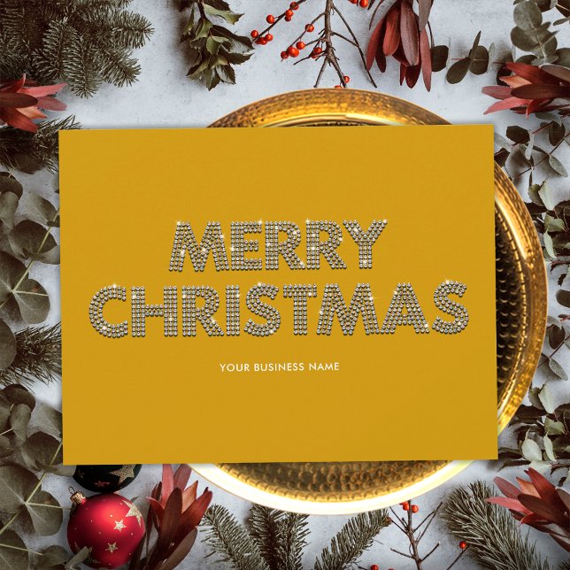 Elegant Diamonds Merry Christmas Business Yellow Holiday Card (Front)