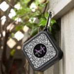 Elegant Diamonds, Monogram & Name on Black<br><div class="desc">Personalise purple monogram and white name on black circle over a background of white diamonds.</div>