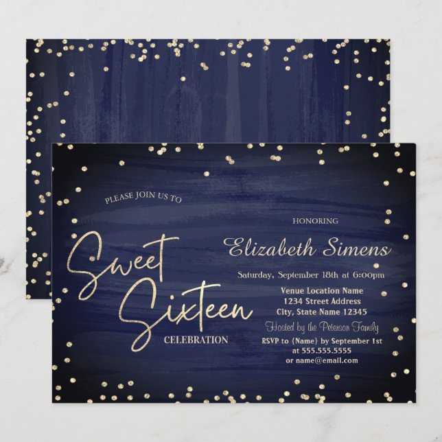  Elegant Diamonds Navy Blue Gold Script Sweet 16 Invitation (Front/Back)