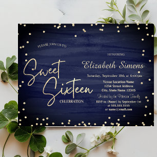 Elegant Diamonds Navy Blue Gold Script Sweet 16 Invitation