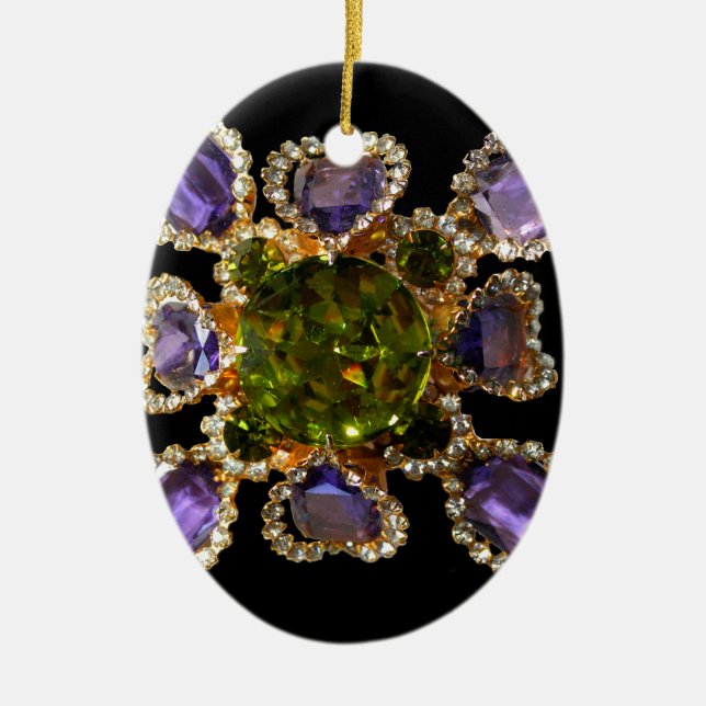 Elegant diamonds purple green gemstones ceramic tree decoration (Front)