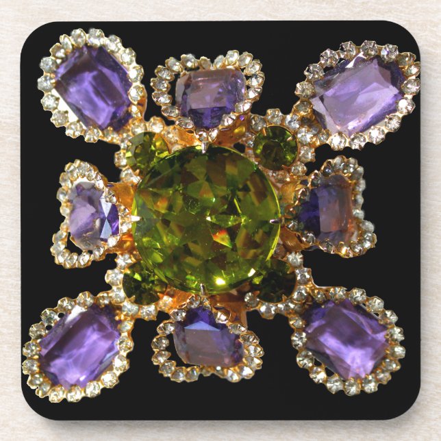 Elegant diamonds purple green gemstones coaster (Front)
