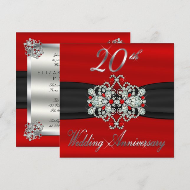 Elegant Diamonds Rubies 20th Wedding Anniversary Invitation (Front/Back)