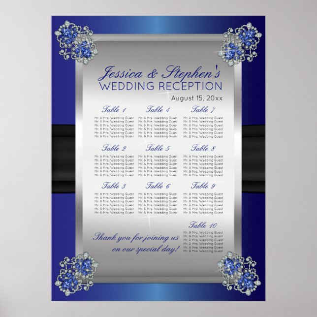 Elegant Diamonds Sapphire Wedding Seating Chart (Front)
