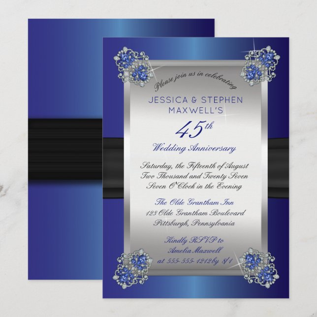 Elegant Diamonds Sapphires Blue 45th Anniversary Invitation (Front/Back)