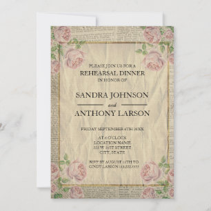 Elegant  Dictionary Print and Roses Rehearsal Invitation