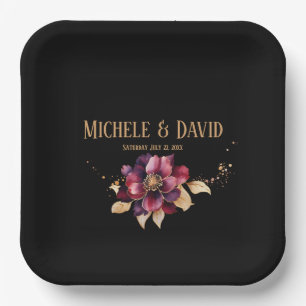 Elegant dining on Black Gold Burgundy Square Paper Plate