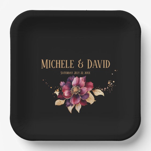 Elegant dining on Black Gold Burgundy Square Paper Plate (Front)