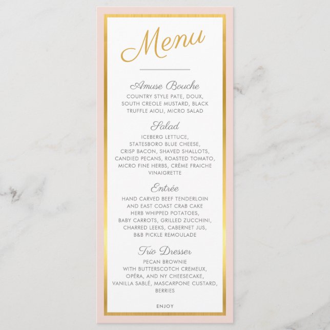 ELEGANT DINNER MENU modern wedding gold pale pink (Front)
