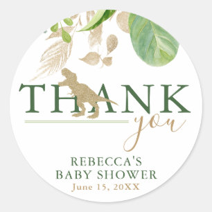 Elegant Dinosaur Green and Gold Baby Shower Classic Round Sticker