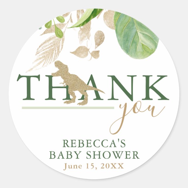 Elegant Dinosaur Green and Gold Baby Shower Classic Round Sticker (Front)