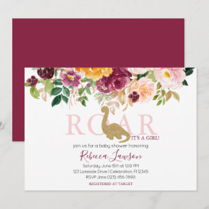 Elegant Dinosaur Pink & Maroon Baby Girl Shower Invitation