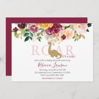 Elegant Dinosaur Pink & Maroon Baby Girl Shower Invitation