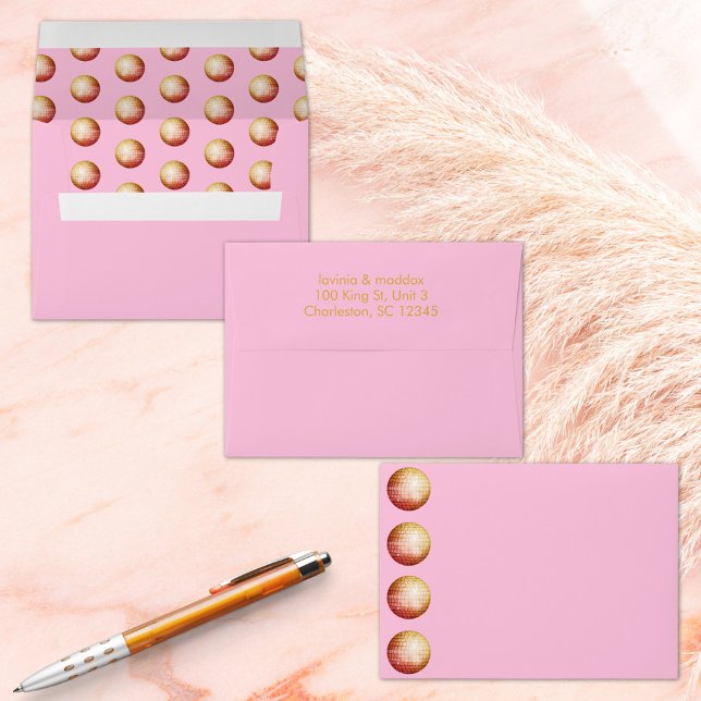 Elegant Disco Ball Pink Gold Wedding Save the Date Envelope (Fun and elegant disco ball envelope in pink and gold)