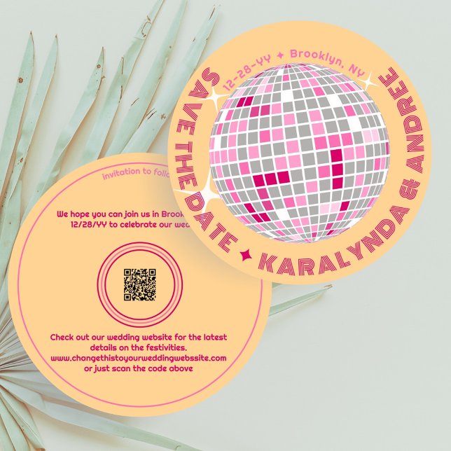 Elegant Disco Ball Pink Orange Round Wedding Save The Date (Elegant disco ball round Save the Date in pink and gold with QR code)