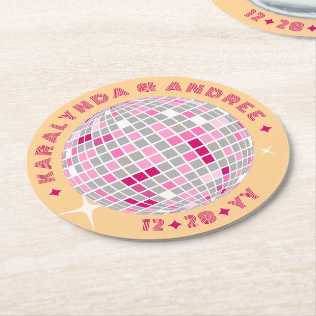 Elegant Disco Ball Pink Red Round Wedding Round Paper Coaster (Angled)