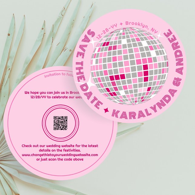 Elegant Disco Ball Pink Round Wedding Save The Date (Fun and Elegant. Groovy pink and red disco ball wedding save the date with QR code)
