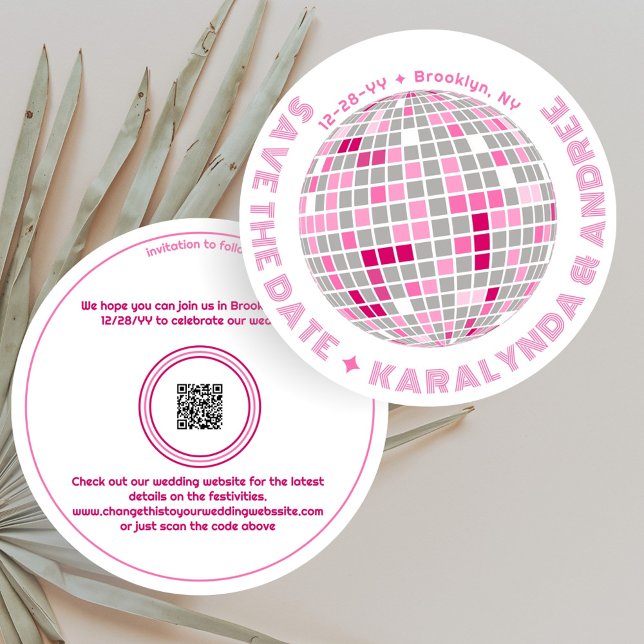 Elegant Disco Ball Pink White Round Wedding Save The Date (Round disco ball save the date with pink and red accents.)