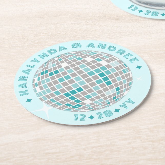 Elegant Disco Ball Teal Blue Round Wedding Round Paper Coaster (Angled)