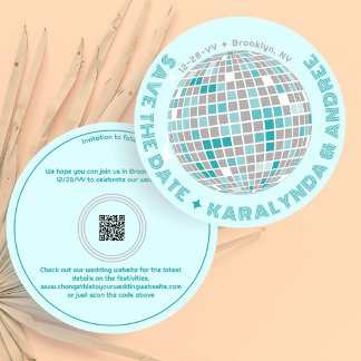 Elegant Disco Ball Teal Blue Round Wedding Save The Date