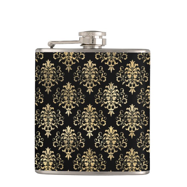 Elegant Distressed Gold Damask Pattern on Black Hip Flask (Front)