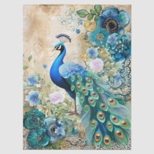 Elegant Distressed Teal Blue Florals & Peacock Tissue Paper