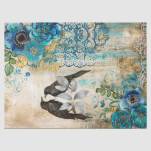 Elegant Distressed Teal Blue Gold Florals & Ravens Tissue Paper