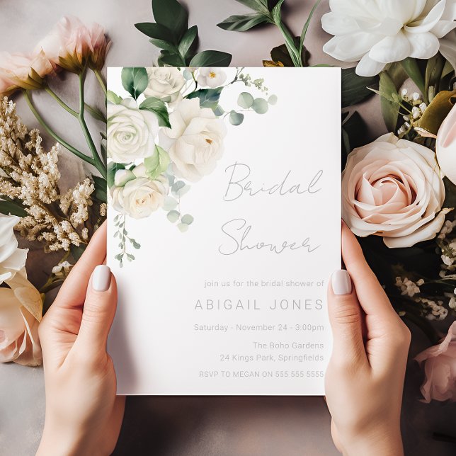 Elegant Divine White Roses & Sage Bridal Shower Invitation (Creator Uploaded)