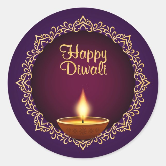 Elegant Diwali Diyas Purple Classic Round Sticker (Front)