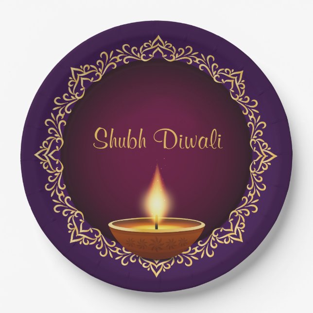 Elegant Diwali Diyas Purple Paper Plate (Front)