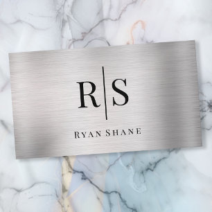 Elegant DIY Black Monogram & Name, Brushed Silver Business Card