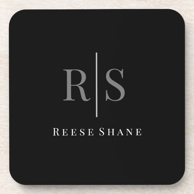 Elegant DIY Grey Monogram & White Name, Black Coaster (Front)