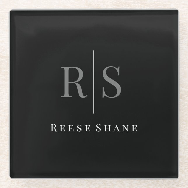 Elegant DIY Grey Monogram & White Name, Black Glass Coaster (Front)